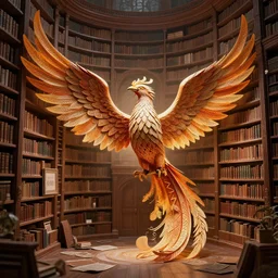 paper - craft phoenix inside a huge library, concept art, trending on artstation, wlop, ross draws, digital painting, mixed media, intricate details, volumetric lighting