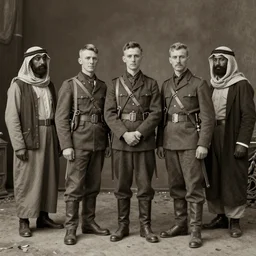 a detailed photorealistic sepia - toned photo from 1 9 1 7, three clean - shaven british soldiers standing with two bedouin traders, ultra realistic, painted, intricate details, lovecraft, atmospheric, dark, horror, brooding, highly detailed, by clyde caldwell