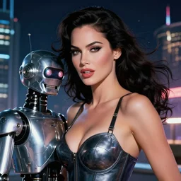 closeup beautiful retro space megan fox posing with a chrome robot in dieselpunk city at night, pinup, windblown dark hair, seductive, hyper detailed, digital art, smooth, sharp focus, luis royo, gil elvgren, alberto vargas, 1 9 5 0, when mars attacks
