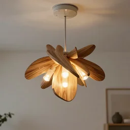 a designer lamp for the living room, hanging from the ceiling, made from pieces of wood and 3 led lights, organic design, elegant, hyperrealistic, 8 k