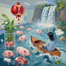 emo student in a hospital, a river flooding inside, medical supplies, pigs, plants in glass vase, pork meat, water, river, rapids, canoe, pomegranate, berries dripping, waterfall, swans, acrylic on canvas, surrealist, by magritte and monet