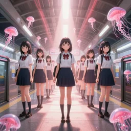 3d anime poster, realistic anime school girls stands on the subway station in tokyo, portrait, the palms come from the ground, rays of light breaking through the air, pink jellyfish everywhere, infrared camera, super detailed and realistic, center of frame, dramaticlly deep composition, pastel tones, center of the frame, redshift, octane, cinematic, hyper realism, high detail, octane render, 8k