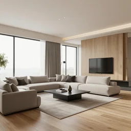 architecture render of a beautiful modern living room with wood floors, large windows with a beautiful view, an area rug, forest, mountains, realistic, hd, 8 k, digital rendering, unreal engine, blender, octane, maya