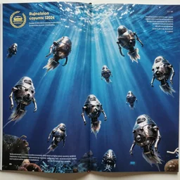photograph of a many solid metal cyborg zooplankton in blue water from scientific magazine