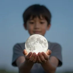 kid holding the moon in his hand
