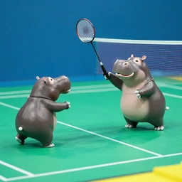plastic anthromorphic hippos playing badminton