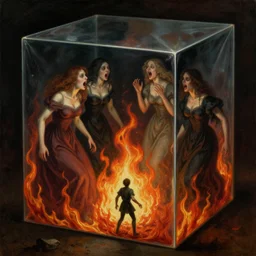 a tiny man being tormented by raging crazy women in a giant cubic bubble portal to flames of hell, dark, disturbing, uneasy, unsettling, by hieronymus bosch, trending on artstation, trending on nightcafe, by alexander fedosa oil on canvas