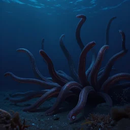 “a swarm of dark tentacles underwater, trending on artstation, deep abyss ocean floor, dark navy colored background”
