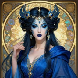 Beautiful female wizard with blue robes wearing an intricate arcane makeup, digital art, art by Alphonse Mucha, Greg Rutkowski, Alex Ross, WLOP, Artstation, 8K