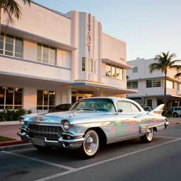 photo of a cadillac coupe 1 9 5 7 wrapped like a birthday gift in holographic wrapping paper on a parking place outside a miami art deco hotel, sunset, crisp, 3 5 mm n - 4