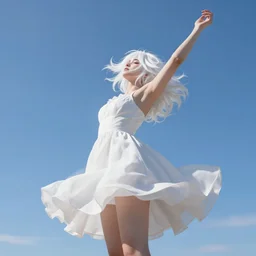 Girl with white hair, white dress, thrown up against blue sky, strong sunlight, Unreal engine5, cinematic, 8K high resolution, super resolution rendering