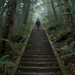 the journey of life, each stage is a step in a stairway, detailed, 4 k, octane, a person walking up a set of stairs in the woods, a detailed matte painting by huang ding, cgsociety, fantasy art, mystical, mist