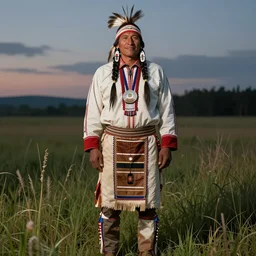 native american indigenous man wearing traditional clothing standing in the grass, facing forward, smiling, greg rutkowski, dusk, detailed artwork, unreal engine