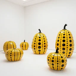 furniture objects inspired by Yayoi Kusama exhibition on a white background, maximum natural texture, warm illumination, cinematic alien futuristic atmosphere, in low fog, magical digital, 8k resolution, golden ratio, best color graded, vray beautiful, ambient occlusion, subsurface scatter, radiosity, hyper-realistic render