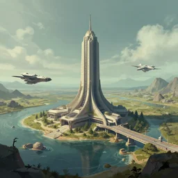 A alien  landscape with a singular building and docked space craft  in the style of Ian McQue.