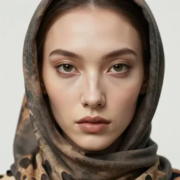detailed portrait in femininity, realistic face sculpted features, ethnic, exotic, deep clear eyes, statuesque, gazelle - like, flight suit and scarf, tangible, morning light, chiaroscuro, radiant, rim lighting, smooth tones, contrasting highlights, mediterranean color palette, contemporary modern fashion, deep rich hues, illustration