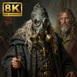 fineart illustration of the old necromancer, wearing a wizard cloak, gas mask, by peter mohrbacher, dan mumford, hyper detailed, intricate, complex, 8 k, crisp,
