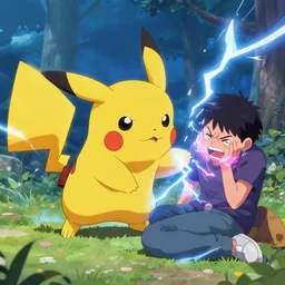 pikachu attacks a human with a thunderbolt, said human is in pain because it's recieveing an electric discharge