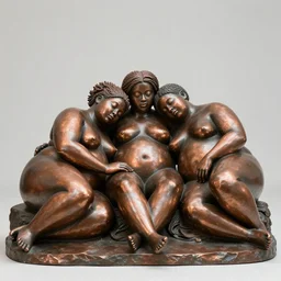 copper sculpture of 3 beautiful fat black people sleeping together