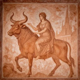 fantastic scene irrealism fresco : : terracotta tones : : fantasy art scene : : timeless masterpiece : : learned philosophess she - minotaur, cow horns and ears : : background greek spire