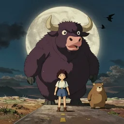 a study of cell shaded cartoon of a huge bull and bear howl's moving castle ( 2 0 0 4 ) on a desert road, in front of a big moon, full body, wide shot, very muted colors, post grunge, studio ghibli, laurie greasley, highly detailed, deviantart, art by artgem
