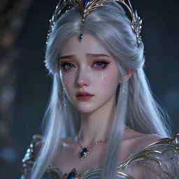 young princess with silver hair, tears rolling down face, intricate clothing, fantasy, headpiece, digital 2 d illustration, 4 k, hyperealistic, octane renderer, artstation trending, cinematic moody lighting, reflections particles, micro detail, style of tom bagshaw, vurdem, dropdeadcoheed, artgerm