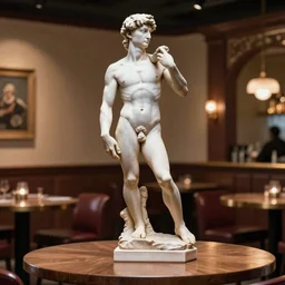 the statue david from michelangelo dancing on a table, in a sportsbar full of cheering people