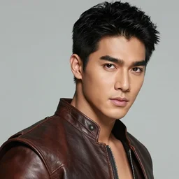 portrait of handsome man, face like of saharat sangkapreecha, tai warrior, leather costume