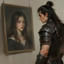 badass warrior dude stares at her deceased beloved's portrait, sad, fantasy, matte painting