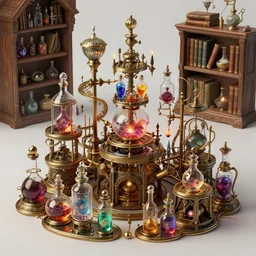An intricate scene with a lot of magic bottles and mechanisms of an alchemist, other bookshelves with bottles and alchemy stuff in the background::fantasy, detailed concept art, artstation, high details::8K, 4K, sharp focus, octane render