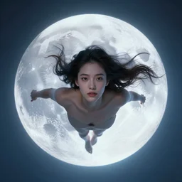 a 3 d render of a giant glowing moon. portrait of a woman swimming in the sky, with floating hair. the woman has pretty, fine facial features. image by beeple and james jean, dan mumford, moebius, barclay shaw, aya takano color style, 8 k, super detailed, modern, 4 k, symmetrical