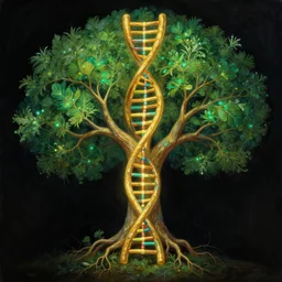 human dna! is biblical! rooted!! tree! of wisdom!! and knowledge! and eternal life! and enlightenment, enchanted golden and green botany illustration, dark background, by marianne north, by android jones, hyperrealistic digital bioluminiscent oil painting, very coherent symmetry, octane render, high contrast