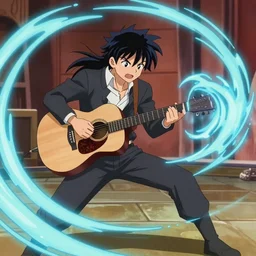 an acoustic wizard using soundwaves to attack his foe like a sound bender, anime fight