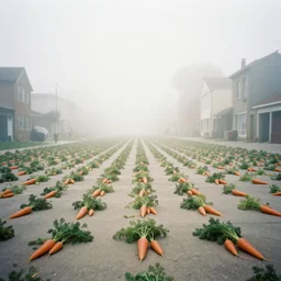 Beautiful Liminal Grainy foggy disposable-camera Photograph of a infinite infinite infinite Town with many carrots carrots carrots carrots on the floor