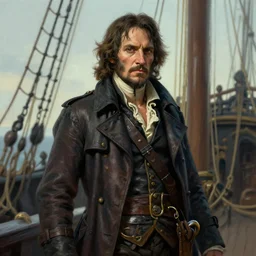 portrait of a 1 9 th century pirate in a trenchcoat, short hair, standing on the deck of a ship, victorian, concept art, detailed face, fantasy, highly detailed, cinematic lighting, digital art painting by greg rutkowski