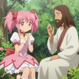 magical girl Madoka Kaname giving jesus christ some advice in the garden of gethsemane, trending on pixiv