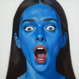 a painting of a woman with a blue face. her eyes are wide and whites, and her mouth is open in a silent scream.