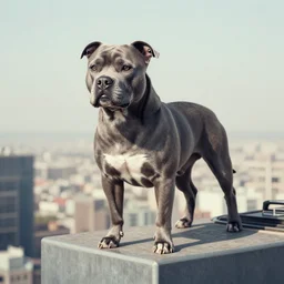 gray muscular british staff dog on top of a skyscraper, photorealistic, 8 k, vintage