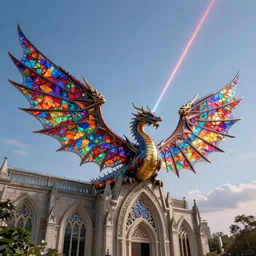 outside exterior view flying stain glass wings cathedral lens dragon in the sky, shooting a laser beam, artstation, cinematic, concept art, 8k, Pinterest, cgsociety, hyper detailed, ultra realistic, illustration, epic, high resolution, post processing, high quality,