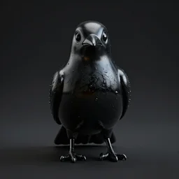 realistic render of a a bird black resin latex covered in reflecting oil, shiny plastic front view, empty soft dark black background field ultrarealistic, shaders, 8 k, very detailed, high resolution, octane render, cinema 4 d, ray tracing
