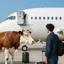 perfect blend of dairy cow and human at the airport having conversation while boarding an airliner technoir