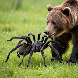 realistic photo of a human - size black spider fighting a grizzly bear in a meadow