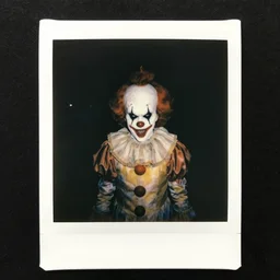 an eerie polaroid photograph of a scary evil horrifying clown in the backrooms, nighttime, dimly lit, creepy
