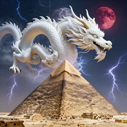 luxurious white chinese dragon hovering side of a cyberpunk egyptian pyramid, lightning and thunder during blood moon, by greg rutkowski, james jean, peter mohrbacher, rule of thirds, sigma look, beautiful, intricate, majestic, award winning
