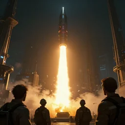 closeup of a nuke being launched from the mediaset tower while engineers watch, cyberpunk, moody, luminescent, rule of thirds, golden ratio, ambient lighting, syd mead, greg rutkowski, wlop, artgerm, artstation, highly detailed masterpiece