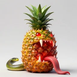horrific monster pineapple with fangs!! by artgerm!! and a snake tongue, very big, vibrant colors, red glowing eyes, concept art, detailed, high contrast, rim light, back lit, sharp focus, illustration, powerful, attacking a city