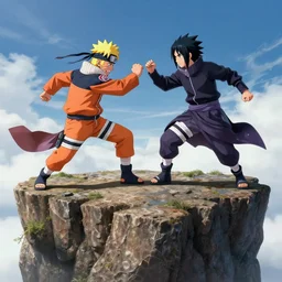 [ naruto uzumaki and sasuke uchiha fight on a cliff ] by art by rossdraws, wlop, stephen bliss, unreal engine, loish, rhads, 4 k conceptual abstraction expressive, extremely coherent, highly detailed, sharp focus, perfect composition, smooth, ultra realistic, symmetrical