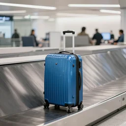 a blue suitcase on an airport conveyor belt on the way to a plane