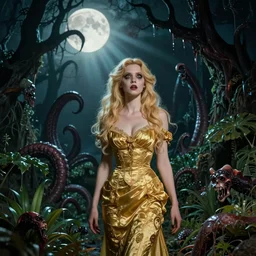 close body portrait small dressed blonde in golden cocktail dress looks scary, 1 9 century, on arkham horror background at night, evil fluid, lush plants, insane, giant tentacles, lovecraft, full bloody moon, light rays, gnarly trees by tom bagshaw, mucha, gaston bussiere, craig mullins, j. c. leyendecker 8 k