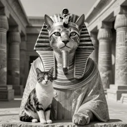 portrait of an egyptian pharaoh black and white cat in a scenic temple by jon foster and louis wain